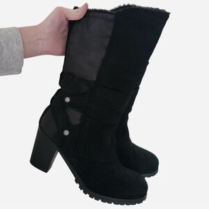 Baretraps Black Boots Zandrea Round Toe Leather Mid Calf 7.5 Suede Heeled
